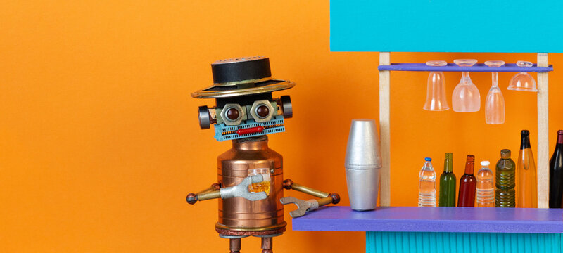 Smiling copper robot barkeeper in hat holding beer glass leaning on bar. Bar celebration concept, drink promotion poster, party banner