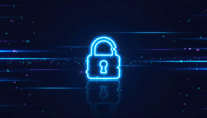 Digital Cyber Security Concept with Glowing Neon Padlock Icon
