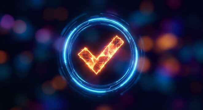 Glowing neon checkmark symbol in blue circle with orange tick mark against dark bokeh background for digital interface and approval concepts.
