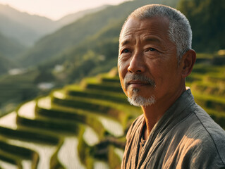 Wise Elder Overlooking Terraced Rice Fields at Sunset