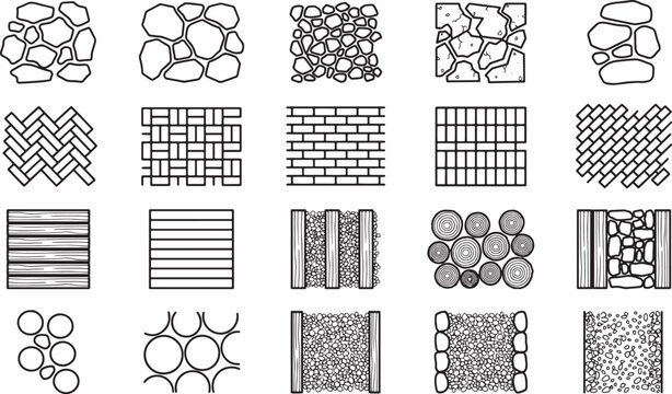 A collection of various stone, wood, and brick textures is presented in a detailed, black and white line art composition, showcasing a range of building materials.