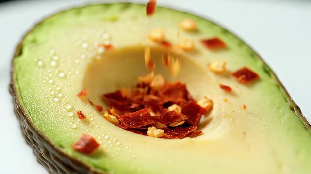 Avocado half with chili flakes being sprinkled for healthy food preparation