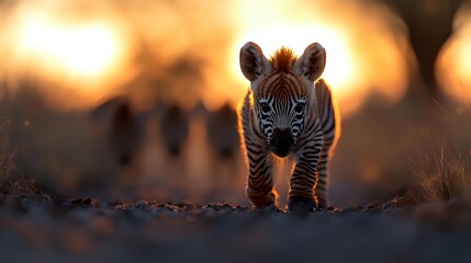 Fototapeta premium Young zebra foal standing on dusty ground during golden hour sunset with warm bokeh lights creating magical wildlife photography atmosphere in African savanna.