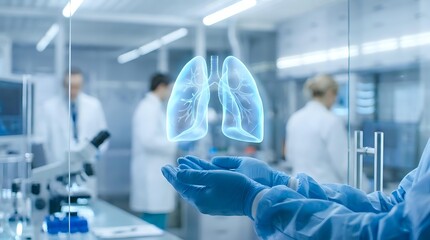 Fototapeta premium Medical professional in blue gloves holding holographic lung anatomy model in modern hospital laboratory for respiratory health research and diagnosis.
