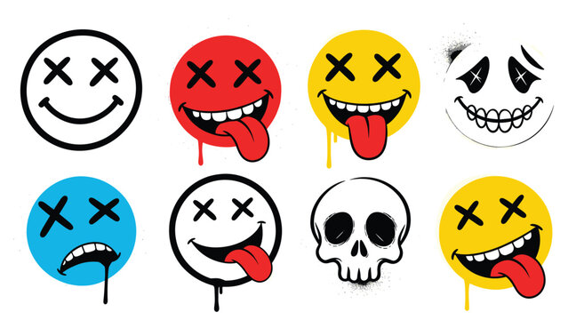 Set of colorful grungy smiley faces with x eyes and dripping paint including a skull icon for street art design.