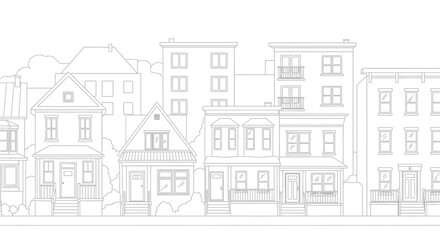 Detailed line drawing of a row of houses and buildings in a town. © weah