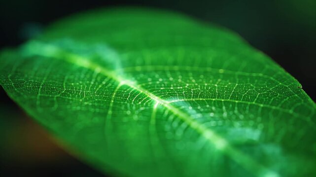Green leaf macro with detailed veins and soft lighting for nature background