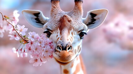 Fototapeta premium Adorable giraffe portrait with cherry blossom flowers in mouth against soft pink bokeh background. Spring wildlife photography concept for nature lovers.