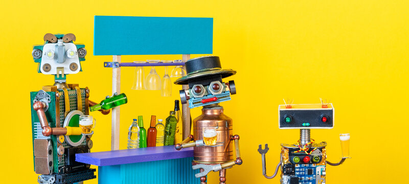 Toy bar scene robot bartender serving beer, two satisfied robot customers with mugs. Bar service poster, beer party flyer, hospitality banner