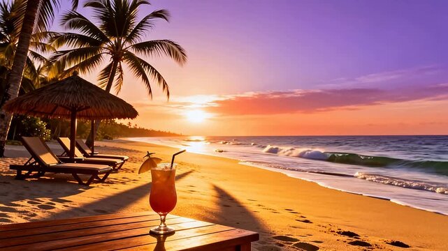 Beach sunset with drink and lounge chairs