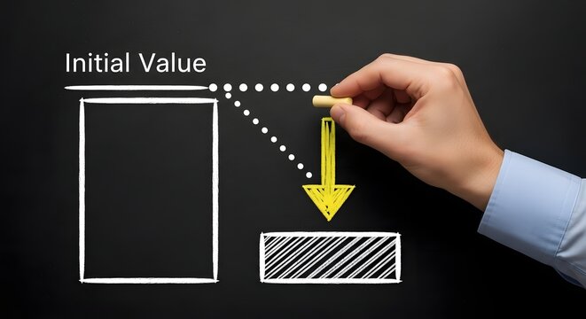 A hand drawing an arrow illustrating the decrease in initial value on a chalkboard