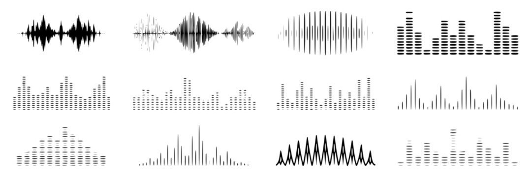 Sound waves and equalizer patterns set with various styles and frequencies for audio representation featuring frequency, music, waveform with music production elements, clean composition on simple