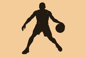 Silhouette of a Basketball Player Dribbling with Focus and Determination.