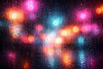 雨粒越しに滲むネオン光塊のエモーショナル背景