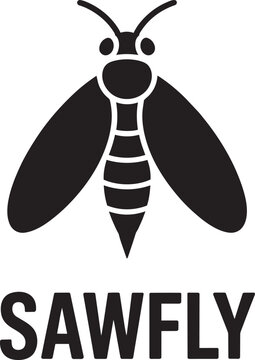 Sawfly illustration with text in black and white on transparent background