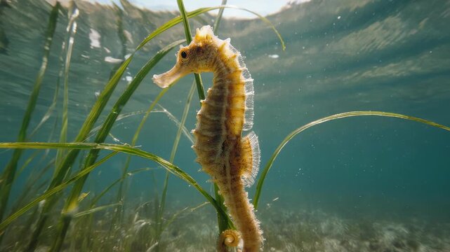A delicate seahorse gracefully navigating its underwater ecosystem, hidden among vibrant green seagrass, showcasing the serene beauty of marine life in its natural habitat