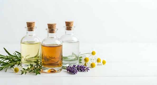 Three glass bottles with cork stoppers containing essential oils alongside fresh herbs including rosemary, lavender and chamomile flowers on white background.