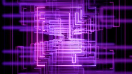 Abstract Neon Purple Technology Background with Glowing Digital Circuit Lines and Geometric Tunnel Effect, geometric background, data flow