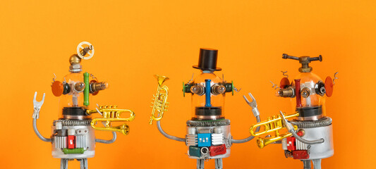 Miniature gentle toy robot trumpeters holding golden horns. Classical trio concert invitation, brass ensemble leaflet, musical event card © besjunior