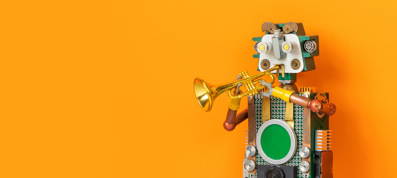 Gentle concentrated robot trumpeter performing solo on gold trumpet, orange backdrop with text space. Music event poster, jazz night flyer, concert invitation card