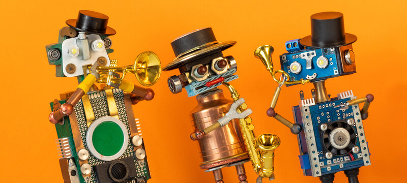Robot jazz trio with sax and trumpet on stage. Concert flyer, music event leaflet, brass ensemble invitation card