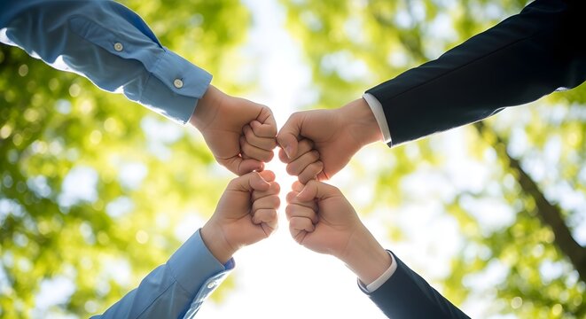 Group of business people showing unity by bumping fists together