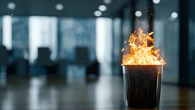 A burning trash bin in a modern office setting highlights the dangers of negligence and fire safety concerns.