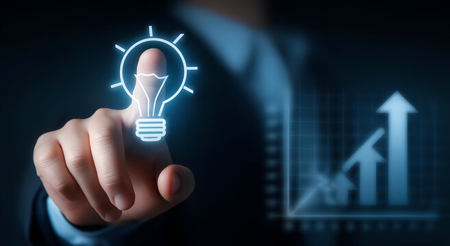 A businessman interacting with digital technology, showcasing innovation and growth through a glowing light bulb symbol and ascending graph.
