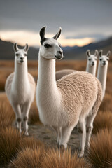 Obraz premium Group of four llamas standing in dry grassland, soft light, mountain background, natural wildlife, calm atmosphere