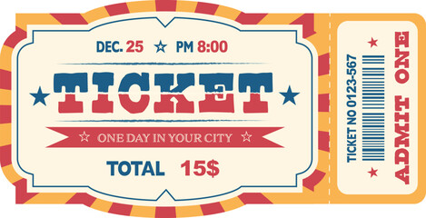 Retro-style ticket template is suitable for events, circus shows, amusement parks, and family celebrations. Vector illustration with rich colors and expressive design. © Alta