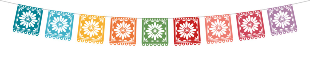 Mexican papel picado banners with floral ornaments for Cinco de Mayo celebration. Vector illustration © _AsAnia_