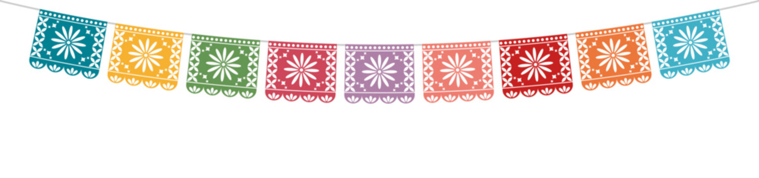 Colorful Mexican papel picado banner with daisy flowers and star ornaments for Cinco de Mayo. Vector illustration
