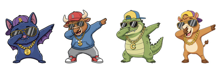 Cute cartoon animals : bat, bull, camel, and crocodile doing a dabbing dance while wearing sunglasses, hats, and gold necklaces.