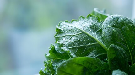 Fresh green leafy vegetables with water droplets on textured surface, healthy organic produce for cooking and nutrition concepts.
