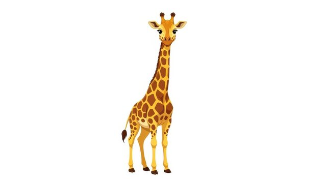 A friendly cartoon giraffe with a long neck and spotted fur stands tall, depicted in a cheerful vector illustration against a clean white background.