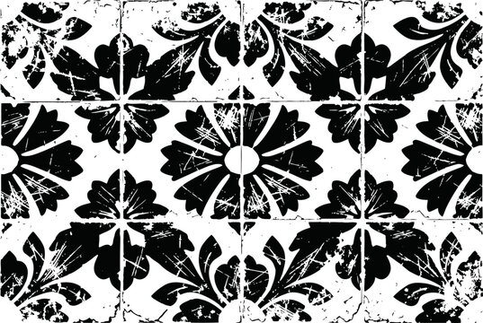 Black and white vintage floral tile pattern with distressed texture and ornamental leaves design