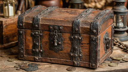 Antique Wooden Treasure Chest with Metal Accents and Surrounding Items.