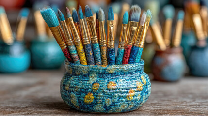 Artistic Paintbrushes in a Decorative Pot A Colorful Still Life.