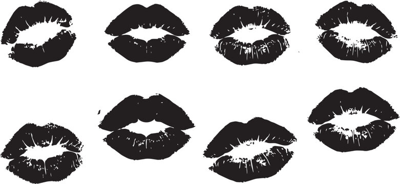 Set of grunge lipstick kiss mark silhouettes. Vector black sexy female lips print and makeup stamp collection.