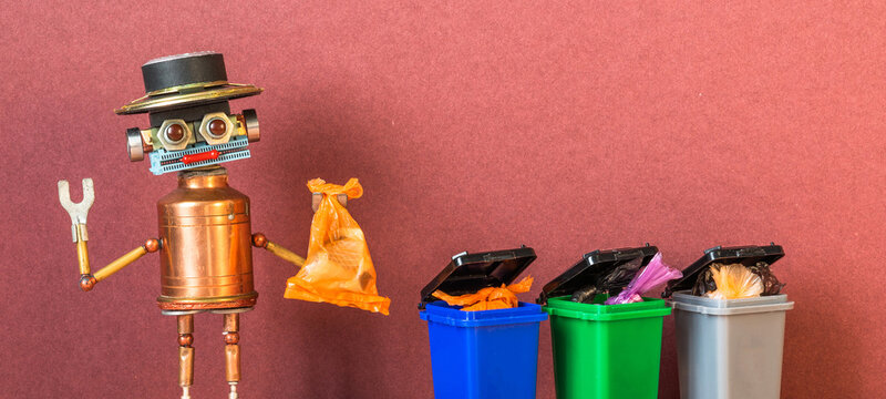 Smiling robot cleaner holding orange trash bag, standing by three waste bins. Eco-friendly concept, waste management poster, sustainability banner