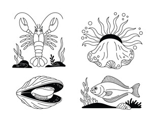 Stylized Line of Marine Life: Lobster, Jellyfish, Clam, and Fish © vector Art