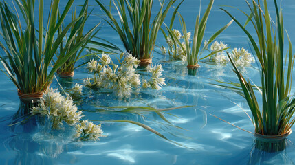 Aquatic plants and flowers in a pool create a serene scene.