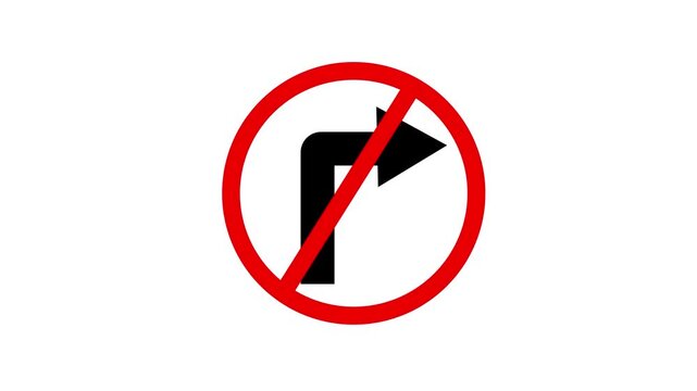A road forbidding sign. Road sign right turn is prohibited. No right Turn sign animation on wite background. No right turn sign template. Traffic road symbol on Vector illustra