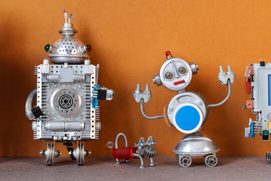 Robot duo with mechanical pup. Pet robot concept, futuristic toy flyer, animatronic companion leaflet