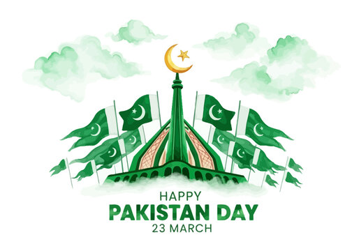 Pakistan day celebration with green flags and mosque illustration