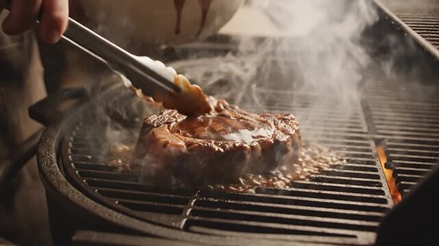 A person's hands carefully baste a large steak with sauce before grilling.