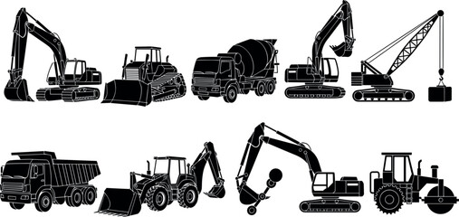 Set of heavy construction machinery black silhouettes including excavator bulldozer crane and dump truck vector illustration © Firoz