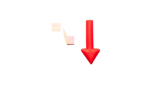 Shiny red arrow points down next to abstract geometric shapes