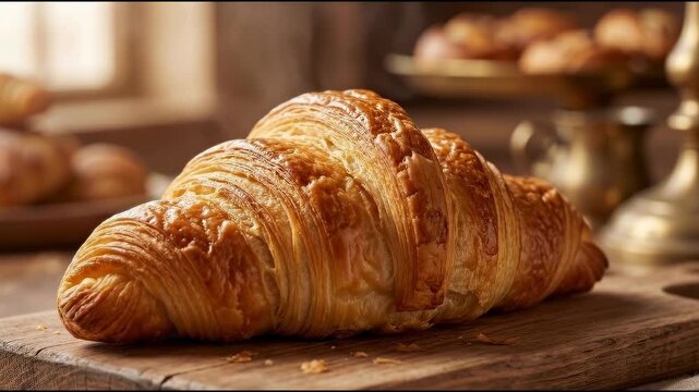 A close-up shot of a freshly baked croissant, exhibiting its crispy exterior and flaky layers, creating a mouthwatering visual and a delectable culinary experience.