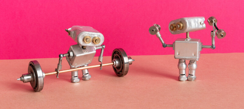 Two robot sportsmen lifting barbell and dumbbells. Athletic performance poster, gym event banner, workout template